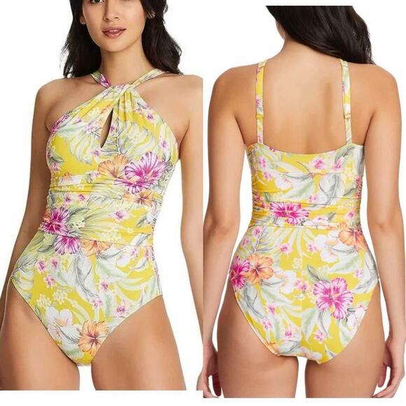 Bleu Rod Beattie Paradiso High Neck One-Piece Canary Gold Size 12 - Picture 8 of 8